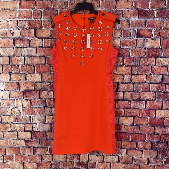 Karen Millen Womens Crystal Embellished Lace Mix Mini Dress - Red - Size 6